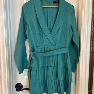 In The Style Green Mini Dress - Size 12 | Long Sleeve & Pleated Skirt